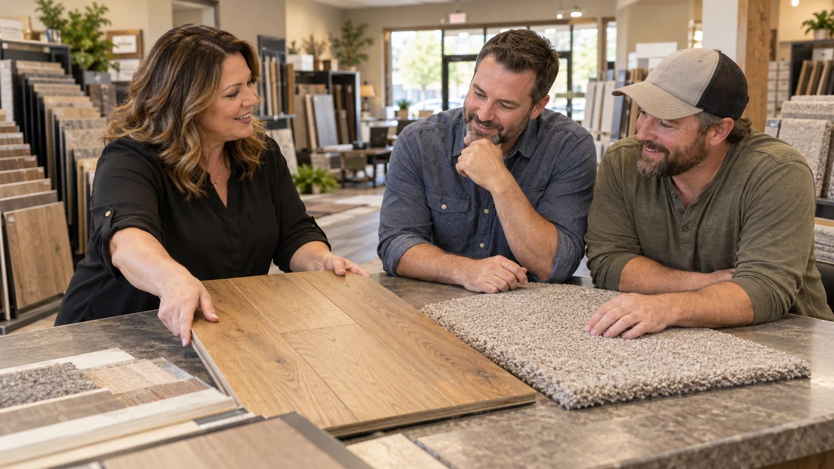 A flooring showroom employee showing wood plank and carpet samples to two customers.