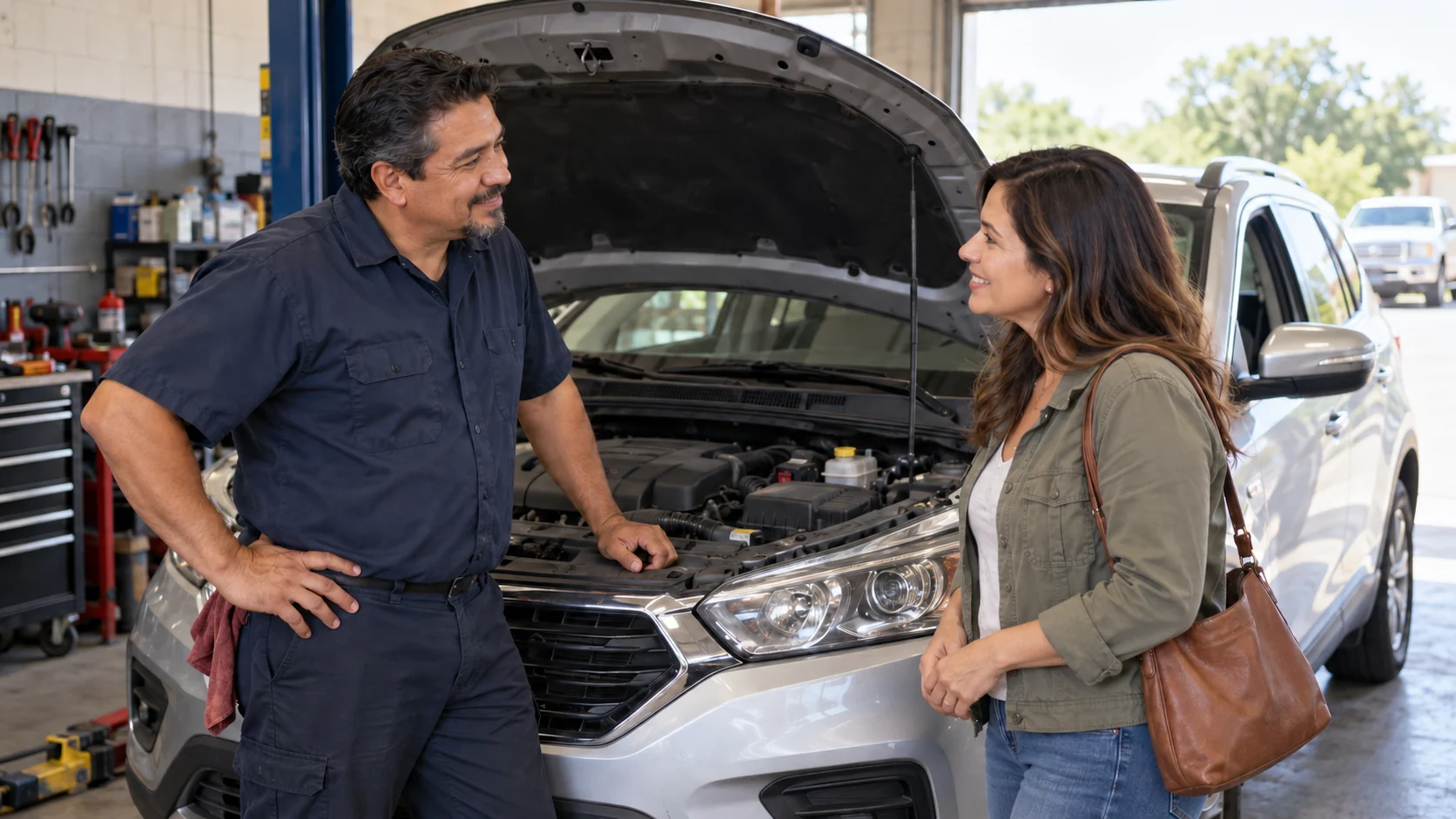 A mechanic talking with a customer beside a car with its hood raised.