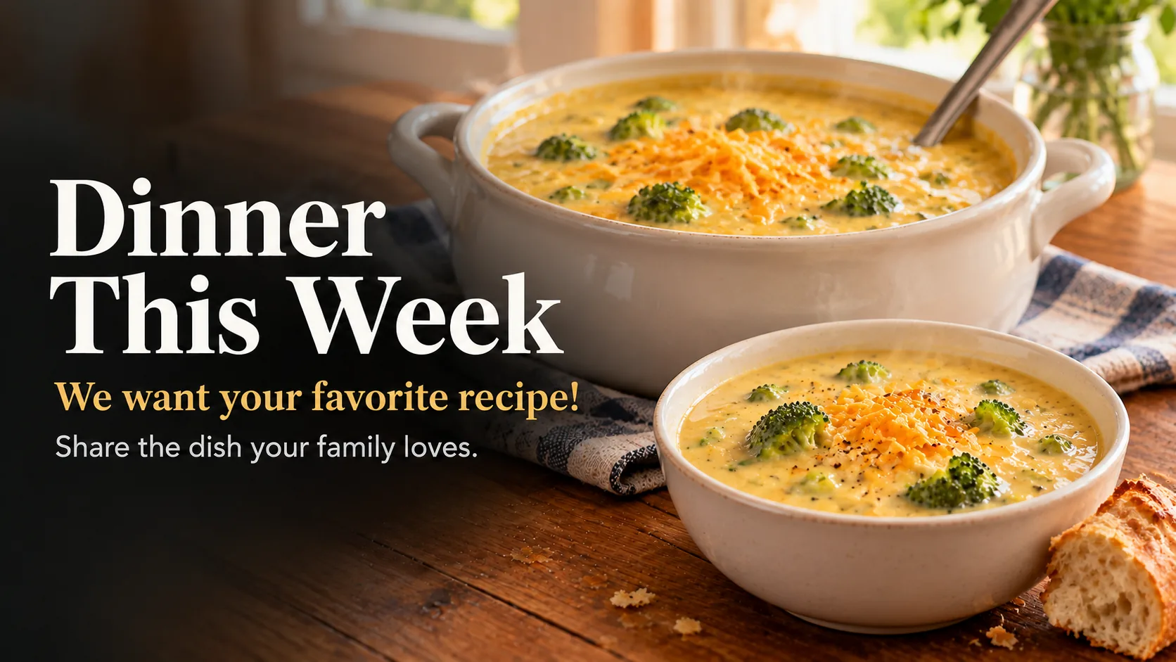 Broccoli Cheddar Soup, served at the table