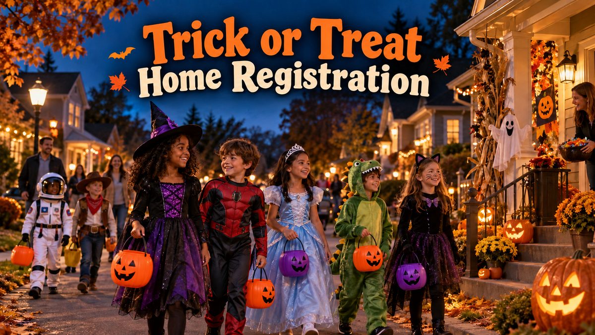 Trick-or-Treat Map 2026 in Sunrise Meadows: costumed children walking a decorated neighborhood street at dusk with candy buckets